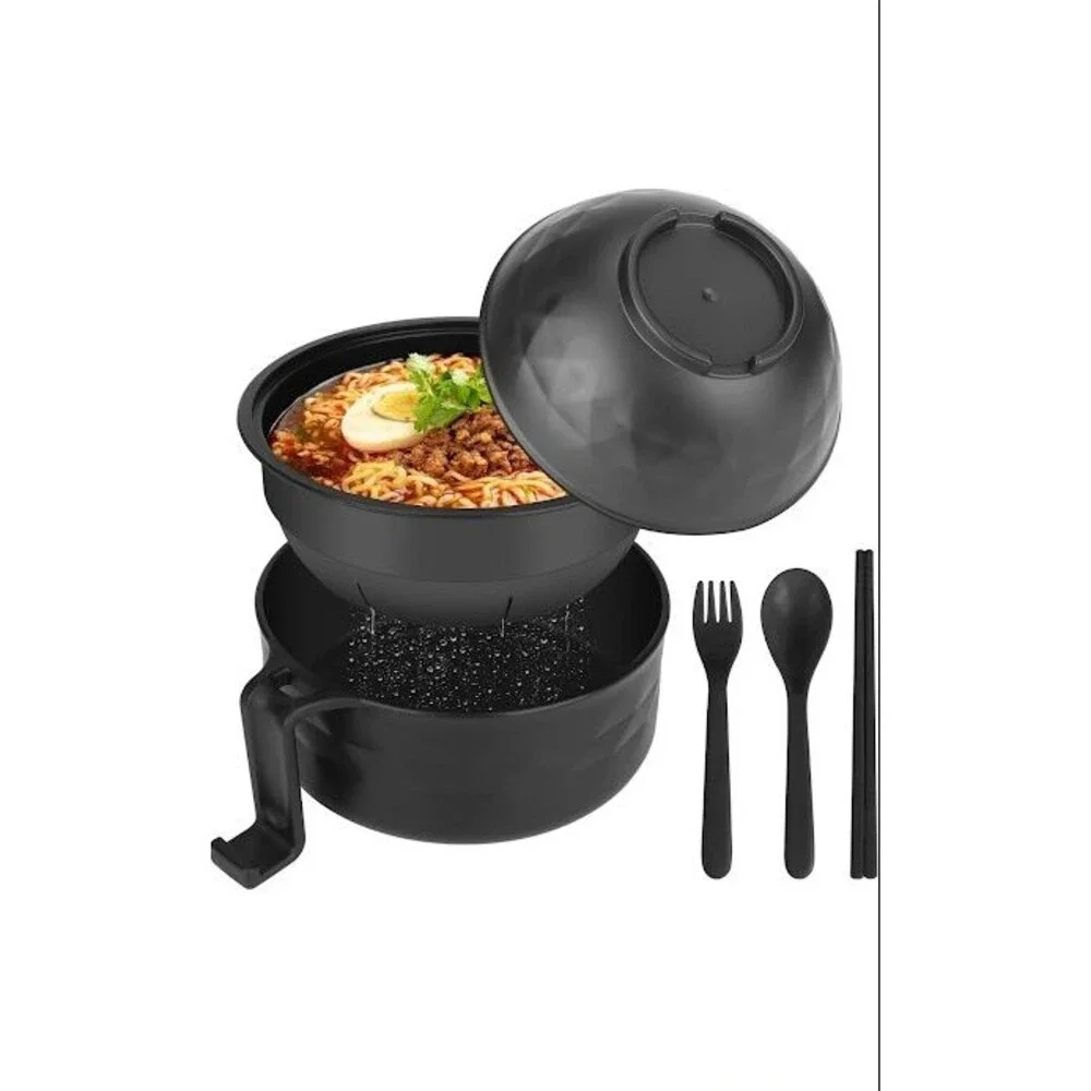 33 oz Microwave Ramen Bowl Cooker Set W/ Chopsticks Spoon Pasta Black Fridge NWT